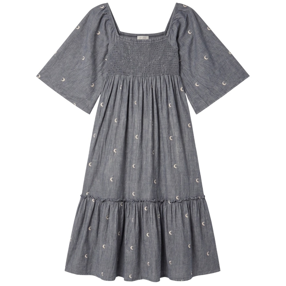 Celestial Mystical Moon Mineral Wash Black Dress L Embroidered Smocked Boho